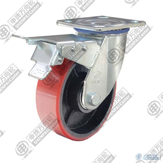 8 英寸铁芯 PU 旋转带刹车脚轮平