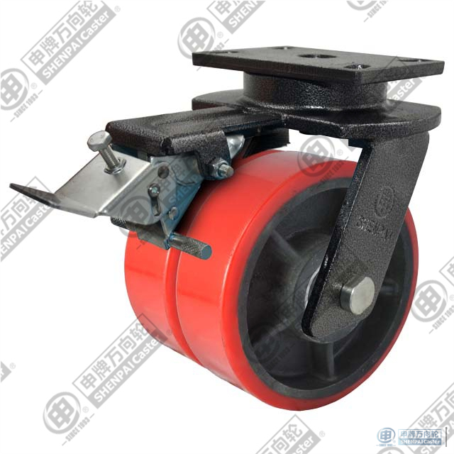 6"平底刹车铁芯聚氨酯轮（红色）（平面）（双轮） 