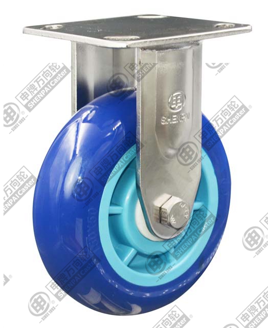 6"平底固定聚氨酯轮（不锈钢） （蓝色）（弧面）